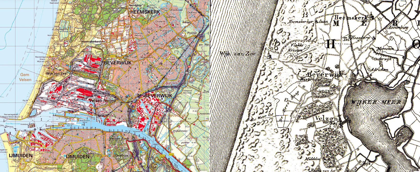 Topografische kaarten van het gebied uit 2023 en 1840: tussen de staalfabriek en de bebouwing van Beverwijk ligt nog maar een smalle groene zone langs voormalige buitenplaatsen (bron: Topotijdreis)